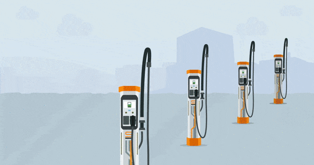 Illustration of four electric vehicle charging stations standing in a row, with one gradually lighting up as if charging, set against a stylized, minimalistic urban background.